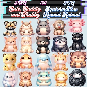 100 acquerelli carini coccolosi paffuti squishmallow kawaii animali clipart bundle, 300 DPI SVG PNG sublimazione design Cricut compleanno trasparente