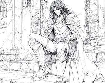 Handsome Male Anime Knight Coloring Pages | Fantasy Art Printables for Adults & Teens