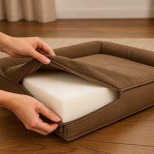 May include: A brown pet bed with a removable cover, revealing a white foam cushion. The cover has a zipper closure. The bed is rectangular with raised sides.