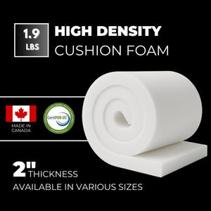 May include: White high-density cushion foam, 5.08 cm thick, available in various sizes. The image shows a rolled section and a flat section of the foam. The foam weighs 0.86 kg. Made in Canada.