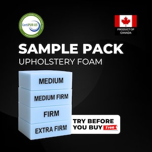 May include: A stack of four light blue upholstery foam samples labeled "Medium", "Medium Firm", "Firm", and "Extra Firm". The words "Sample Pack Upholstery Foam" are above the samples. The image includes the text "Try Before You Buy Free".