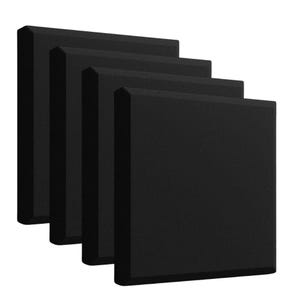 May include: Four black acoustic foam panels, stacked on top of each other. The panels are square and have a textured surface.