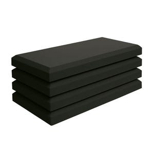 May include: A stack of four black acoustic foam panels. Each panel is rectangular with a beveled edge, designed to absorb sound. The panels are stacked neatly, showcasing their uniform shape and color, ideal for soundproofing or studio use.