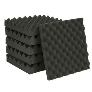 May include: A stack of six black acoustic foam panels with a pyramid pattern on one side and a dimpled pattern on the other side.