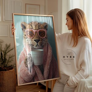 Cheetah Drinking Coffee | Preppy Wall Art | Maximalist Bathroom Wall Art | Dopamine Decor | Pink Kitsch Aesthetic | DIGITAL DOWNLOAD