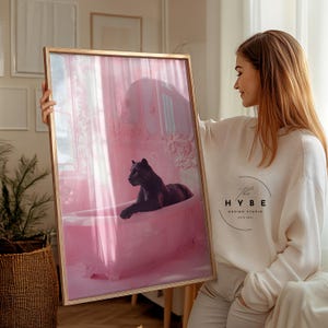 Black Panther In Bathtub | Preppy Wall Art | Maximalist Bathroom Wall Art | Dopamine Decor | Pink Kitsch Aesthetic | DIGITAL DOWNLOAD