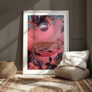 Cheetah In Hammock | Preppy Wall Art | Maximalist Bathroom Wall Art | Dopamine Decor | Pink Kitsch Aesthetic | Tropical | DIGITAL DOWNLOAD
