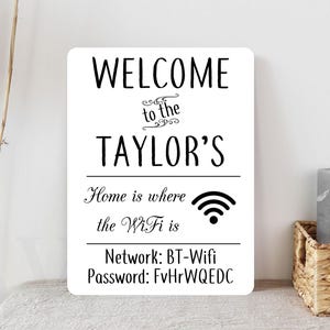 May include: Black and white welcome sign with the text "WELCOME to the TAYLOR'S Home is where the Wi-Fi is Network: BT-Wifi Password: FvHrWQEDC"