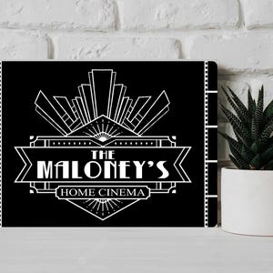 Placa de metal para pared con diseño de cine en casa, estilo art déco, personalizada