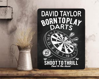 Personalised Retro Vintage Born to Play Darts  Dad Grandad Metal Wall Sign Gift Present Chalkboard Style