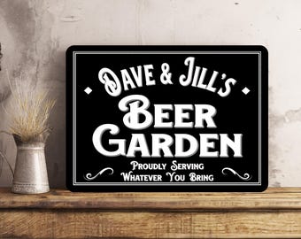 Placa de parede de metal para jardim de cerveja personalizada, presente para proprietário, presente exclusivo, qualquer nome, qualquer citação, bar feito à mão, presente para proprietário