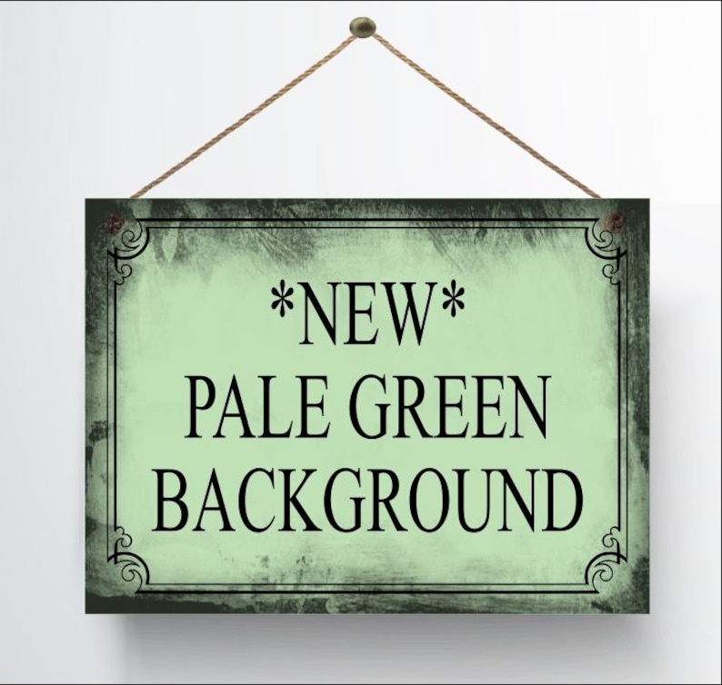 May include: A rectangular sign with a pale green background and black text that reads "*NEW* PALE GREEN BACKGROUND". The sign is framed with a black border and decorative corner elements, and is suspended by a brown rope.