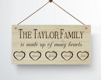 Personalised Family Hearts Metal Woodgrain Effect Hanging Plaque - Mum and Dad Grandparents Family Tree Mothers Day Gift