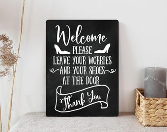 Welcome Remove Shoes Metal Sign: Chalkboard Style Home Decor