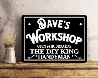 Personalised Workshop Sign Man Cave Shed Vintage Retro Metal Sign Vintage Retro Tin Plaque Aluminium Present Gift for Dad Grandad Father
