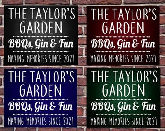 Personalised Family Garden Metal Wall Sign Gift Present BBQ Gin Party - Choice of 4 Colours