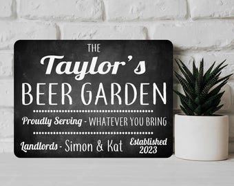 Placa de parede de metal para jardim de cerveja em estilo giz personalizado, presente, placa de parede para proprietário