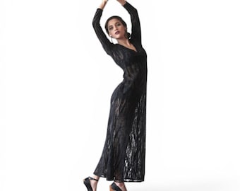Vintage Emanuel Ungaro Parallele Sheer Mesh Dress 90s Burnout Velvet Beaded Black Size 6