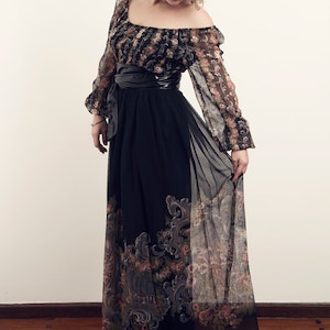 1960s 70s Black Baroque Floral Maxi Dress Off Shoulder Sheer Sleeves ILGWU USA