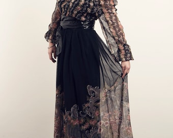 1960s 70s Black Baroque Floral Maxi Dress Off Shoulder Sheer Sleeves ILGWU USA