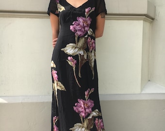 Nostalgia 1990s Black Chiffon Maxi Dress Large Floral Print Flutter Sleeve Boho Romantic