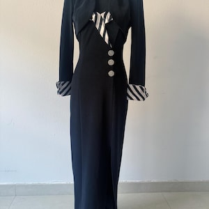 Cache 1980s Black Stretch Maxi Dress Bolero Set 1940s Revival Rhinestone Buttons Made in USA