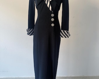 Cache 1980s Black Stretch Maxi Dress Bolero Set 1940s Revival Rhinestone Buttons Made in USA