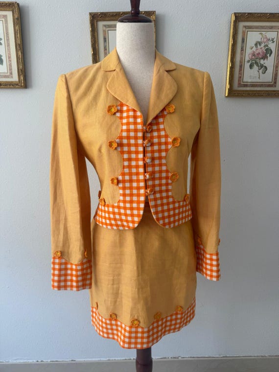 Moschino Cheap and Chic, Moschino Cheap and Chic Vintage 90s Mustard Linen Blazer Skirt Suit Deadstock NWOT Gingham Crochet Flower Italy
