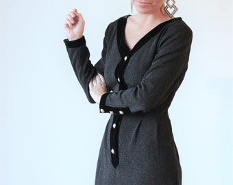 Vintage Givenchy Couture Black Dress – Velvet Trim, Gold Buttons, Made France