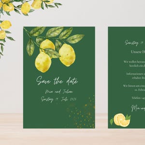 Hochzeits-Safe-The-Date Canva Vorlage, Safe the date, Hochzeit, Karte, Canva, bearbeitbare, Safe the date Karte, Zitrone, mediterran, grün,