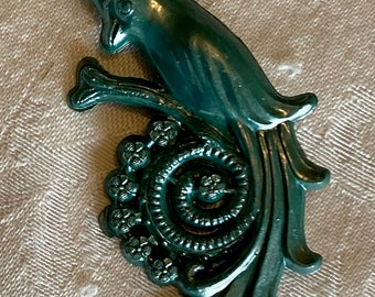 Vintage/antique celluloid peacock brooch, green in color