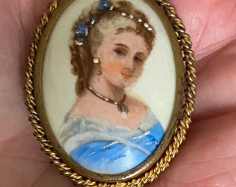 Vintage Limoges portrait brooch, lovely brown haired lady, lots of details, signed