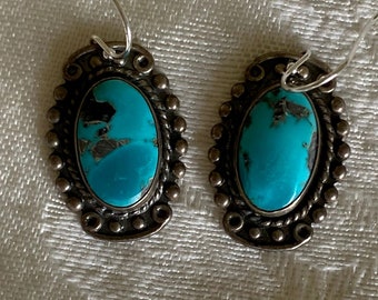 Vintage sterling silver earrings with lovely turquoise stones, metal beadwork, for pierced ears