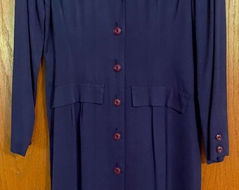 Vintage dress by Bill GEoffries, classic navy blue shirt dress, long length, size 4