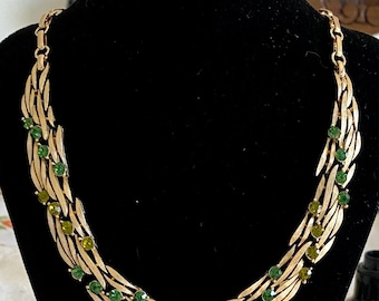 Vintage Lisner choker necklace & clip on earrings set, gold tone with green stones