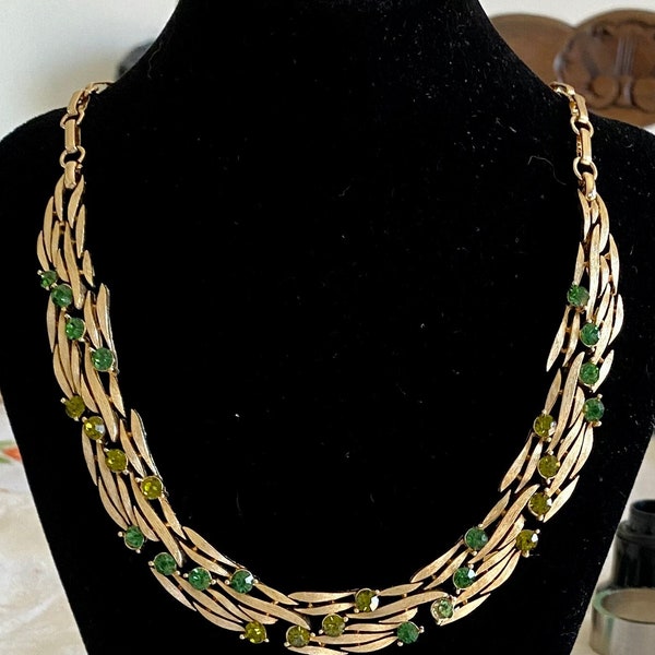 Vintage Lisner choker necklace & clip on earrings set, gold tone with green stones