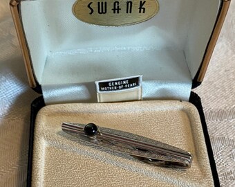 Vintage Swank tie bar, black mother of pearl stone, in original Swank box, brushed silver tone metal