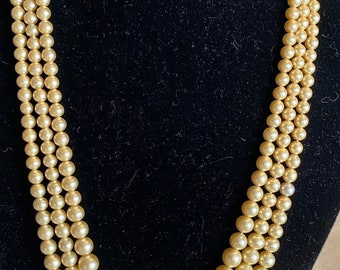 Vintage beautiful faux pearl necklace & bracelet, 3 strand cream color pearls, clasp signed Sterling Germany