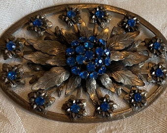 Antique brooch, pewter color metal with blue stones layered flowers, large size