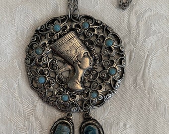 Vintage necklace, Egyptian Revival,filagreed metal with superimposed Egyptian head, painted silver