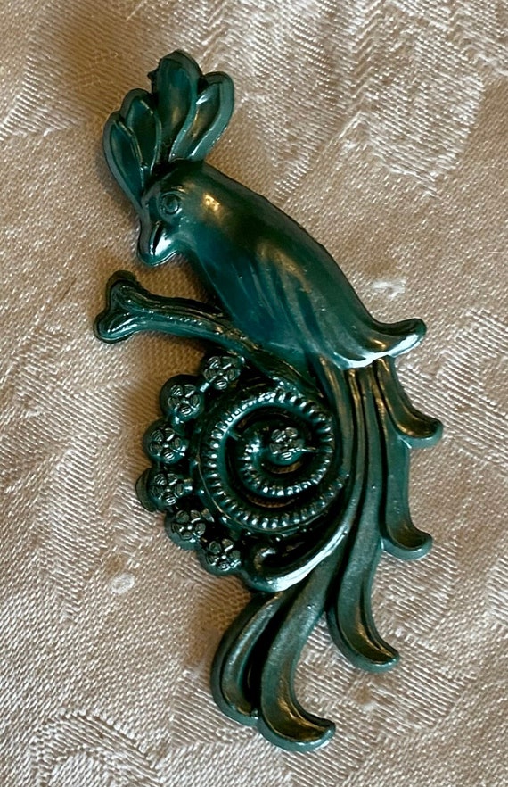 Vintage/antique celluloid peacock brooch, green in