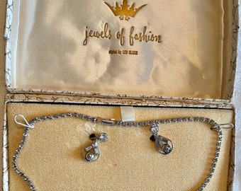 Vintage necklace/earrings set, Jewels of Fashion designed by Leo Blass, smoky rhinestones & gray faux pearls, in original box