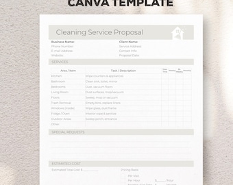 Op de afbeelding: Een bewerkbaar Canva-sjabloon voor een voorstel voor schoonmaakdiensten. Het witte formulier bevat secties voor bedrijfs- en klantgegevens, een checklist voor diensten, speciale verzoeken, geschatte kosten en algemene voorwaarden met handtekeningen.