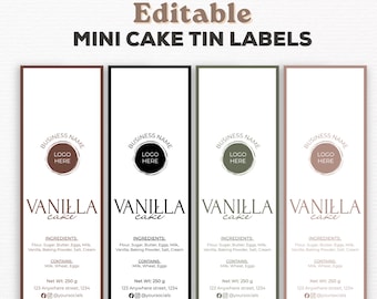 May include: Four vertical rectangular labels for mini cake tins with the text Editable MINI CAKE TIN LABELS. Each label features a circular logo area, the word VANILLA cake, ingredient lists, allergen warnings, Net Wt: 250 g, and social icons.