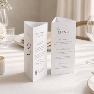 Wedding Trifold Table Number, Menu & Thank You Note Template | Minimal Table Card with QR Code (Canva Editable)
