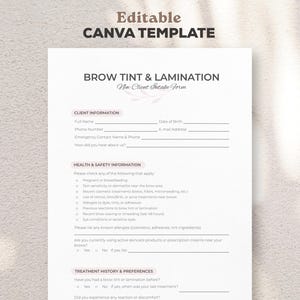 Puede incluir: Una plantilla de Canva editable para un formulario de admisión de nuevos clientes para tinte y laminado de cejas. El documento incluye secciones para información del cliente, detalles de salud y seguridad, e historial de tratamiento.