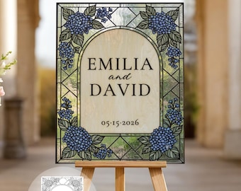Hydrangea Stained Glass Wedding Sign Template | DIY Faux Glass Floral Welcome Sign Pattern (Canva Editable)