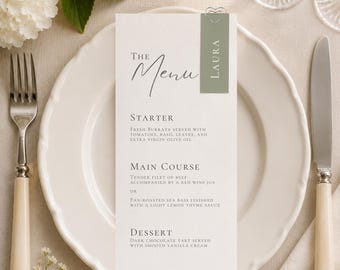 Menu de mariage minimaliste avec modèle de marque-place, menu moderne et étiquette nominative (modifiable sur Canva)