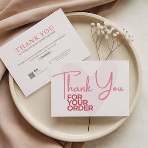 Pink Heart Thank You Insert Card, Editable Packaging Insert with Coupon & QR Code (Canva Template)