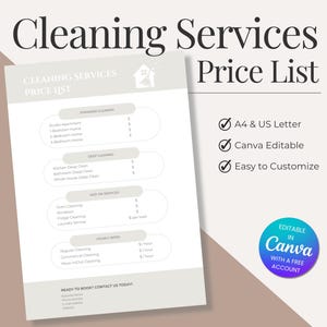 Cleaning Service Price List Template – Editable in Canva | Printable Pricing Sheet | Cleaning Business Form | A4 & US Letter Sizes